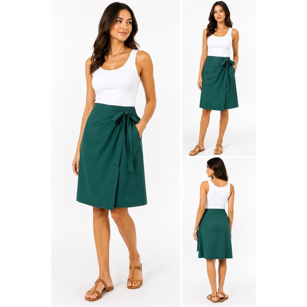 Alfani Forest Green Faux Wrap Midi Skirt  Size 10 Tie Waist Pockets Lined Cotton